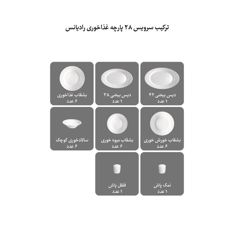 سرویس غذاخوری چینی 28 پارچه 6 نفر چینی زرین ایران مدل رادیانس آداجیو درجه عالی