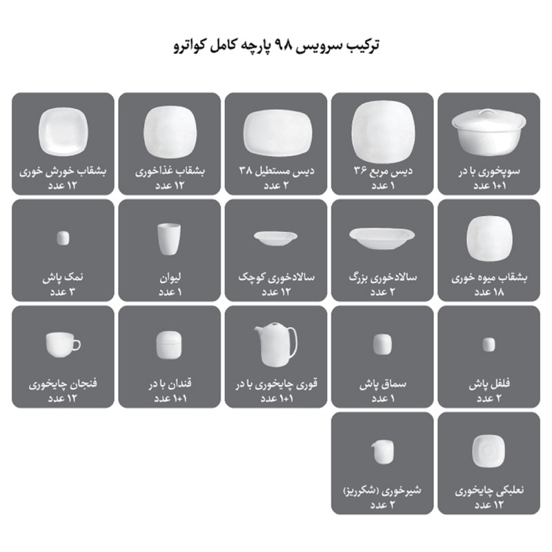 سرویس غذاخوری 98 پارچه چینی زرین ایران سری کواترو مدل سمن درجه یک