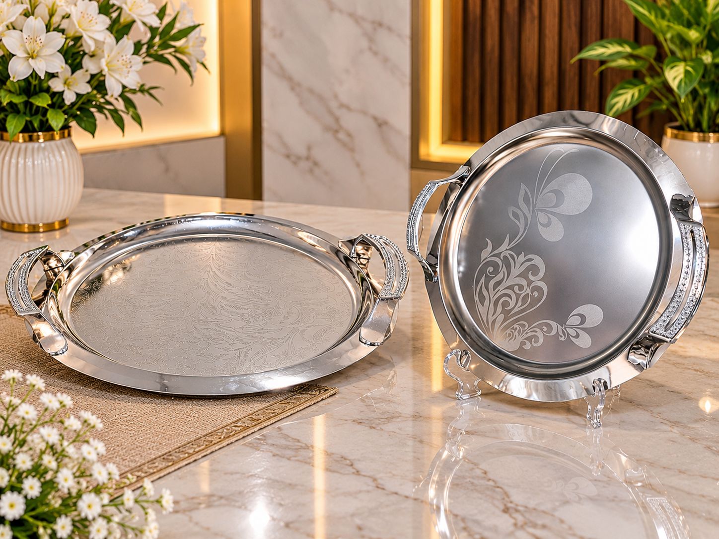سینی استیل گرد دسته نگینی 30