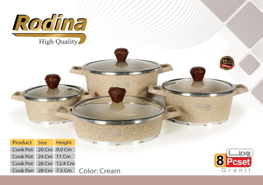 سرویس ۸ پارچه قابلمه چدنی کف گرانیت Rodina با زیره خورشیدی و درب پیرکس کرم