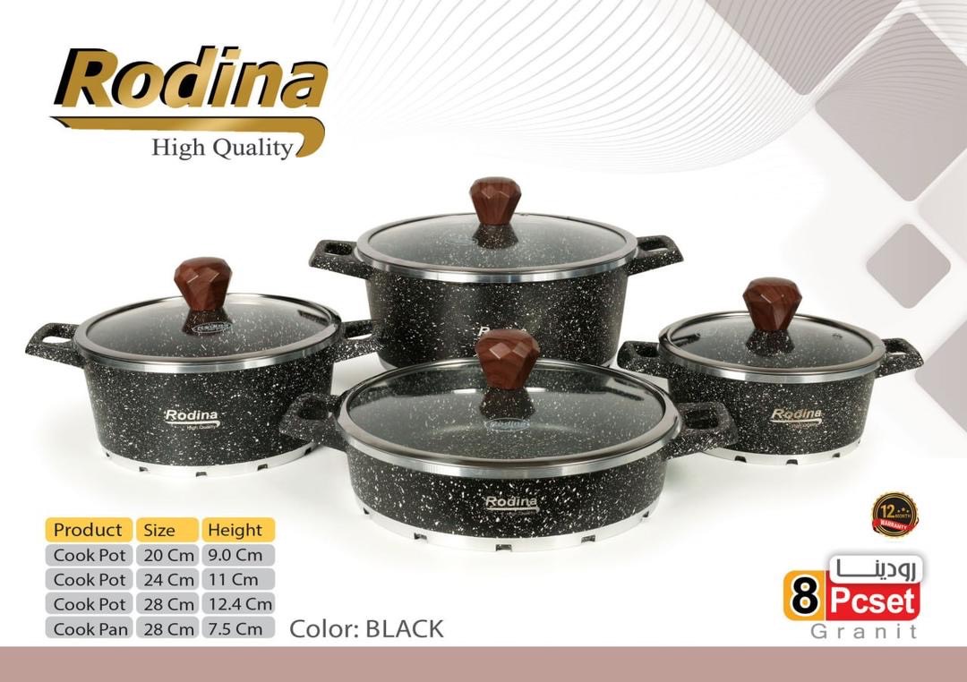 سرویس 8 پارچه قابلمه چدنی کف گرانیت Rodina با زیره خورشیدی و درب پیرکس رنگ مشکی