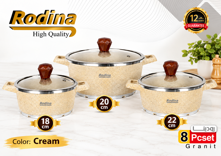 سرویس 6 پارچه قابلمه چدنی کف گرانیت Rodina با زیره خورشیدی و درب پیرکس رنگ کرم