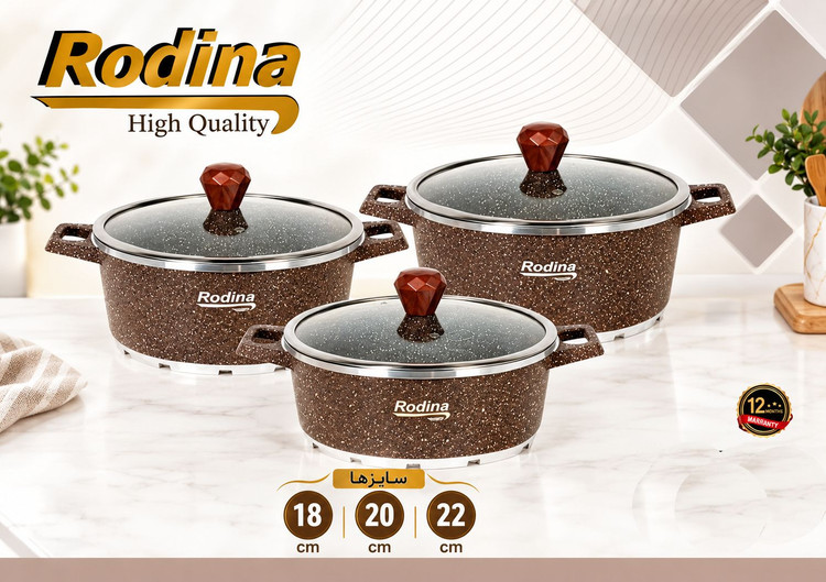سرویس 6 پارچه قابلمه چدنی کف گرانیت Rodina با زیره خورشیدی و درب پیرکس قهوه ای