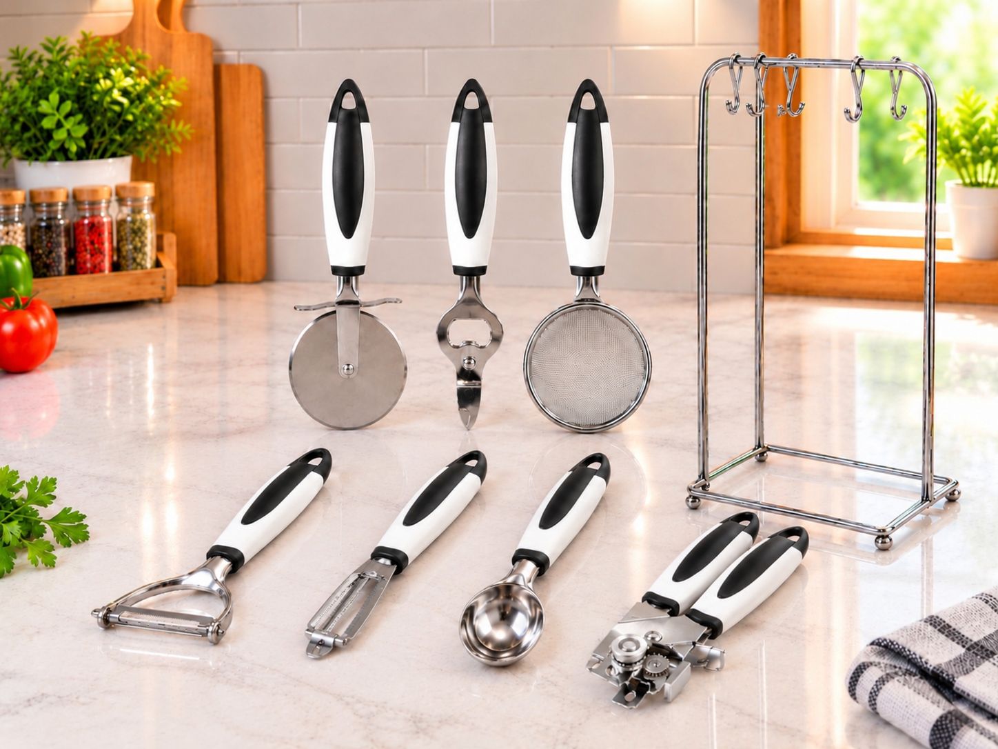 ست ابزار آشپزخانه 8 پارچه استیل دسته مشکی kitchen world