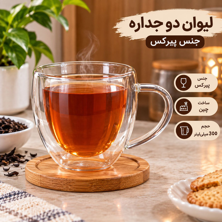 لیوان دوجداره پیرکس دستهدار | حجم ۳۰۰ میلیلیتر
